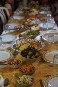 High angle view of food served on table