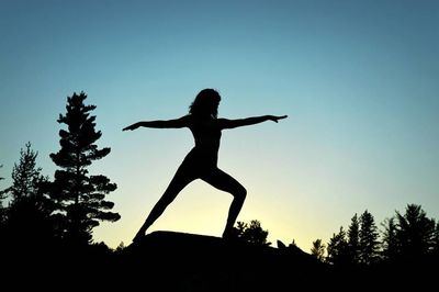 Low angle view of silhouette person standing on tree trunk