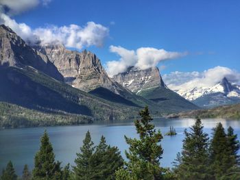 Scenic view of lake and mountains against sky