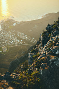 High angle view of trees and mountains