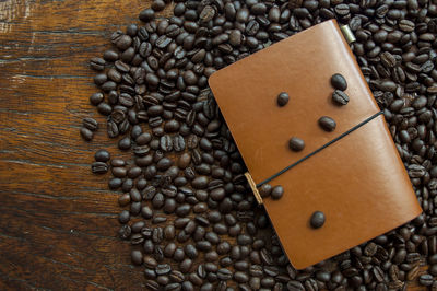 High angle view of coffee beans on table