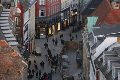 High angle view of people on street in city
