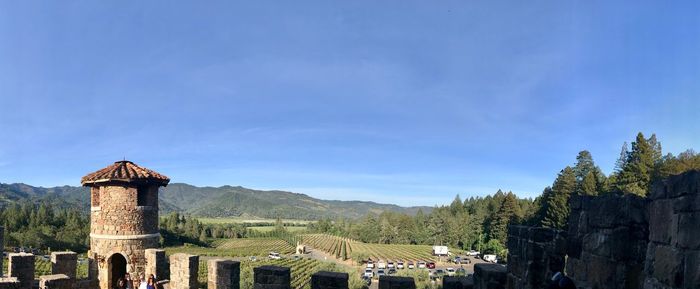 Panoramic view of vineyard against sky from a castle wall.