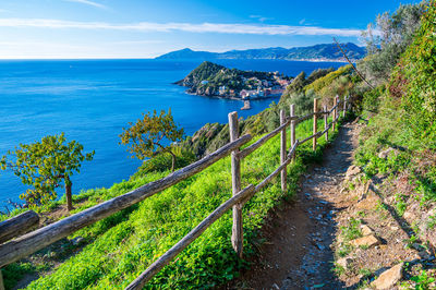 View over the peninsula of sestri levante from the trail of punta manara, on the italian riviera