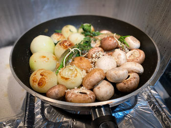 High angle view of vegetables in cooking pan