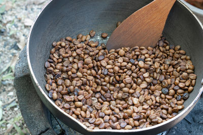 High angle view of sausages in container