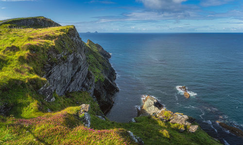 Kerry cliffs with a view on skellig michael  on far distance, where star wars were filmed,  ireland