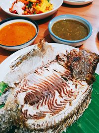 High angle view of food in plate on table