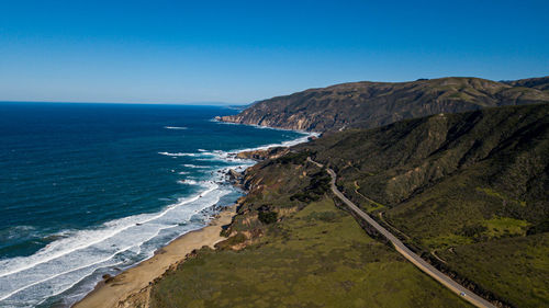 Scenic view of sea against clear blue sky