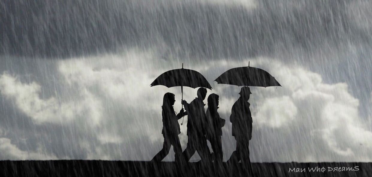 rain, weather, water, protection, cloud - sky, wet, outdoors, togetherness, real people, day, nature, women, men, two people, full length, storm cloud, lifestyles, standing, under, sky, friendship, people