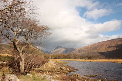 Scenic view of lake by mountains against sky