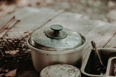 Close-up of old rusty metal on table