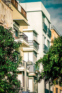 Low angle view of tree by building against sky