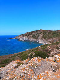 Scenic view of sea against clear blue sky