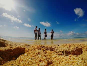 People on beach against sky