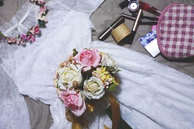 High angle view of bouquet on table