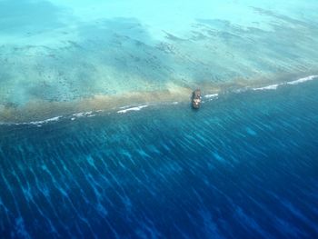 High angle view of boat moored on sea