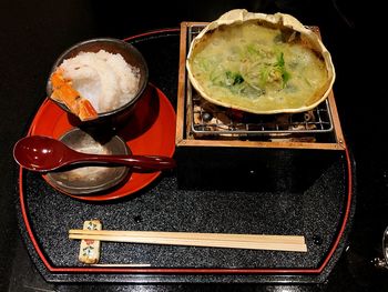 High angle view of spices in container on table