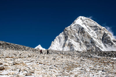 Scenic view of mountains against clear blue sky