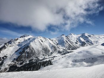 Scenic view of mountains against cloudy sky