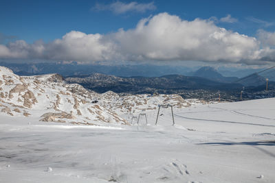 Scenic view of snowcapped mountains against sky