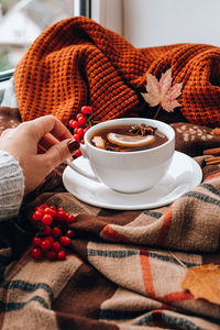 Autumn mood concept. hot tea with lemon and cinnamon sticks on cozy sweater scarf background. female 