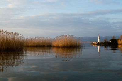 Scenic view of lake against cloudy sky