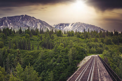 Railroad tracks amidst trees and mountains against sky