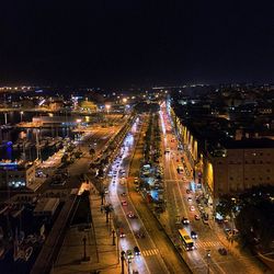 High angle view of city street at night