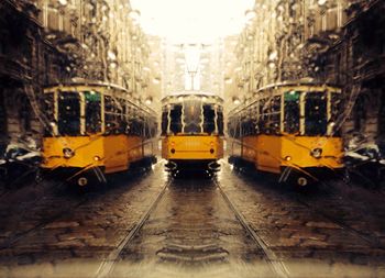 Tramway amidst building during monsoon