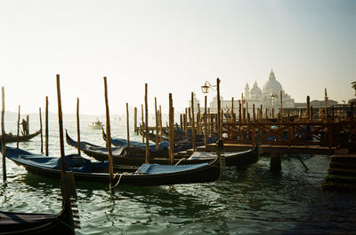 Color film photograph of gondola boats in venice, italy, december 2021.