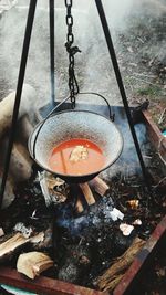 High angle view of food on barbecue grill