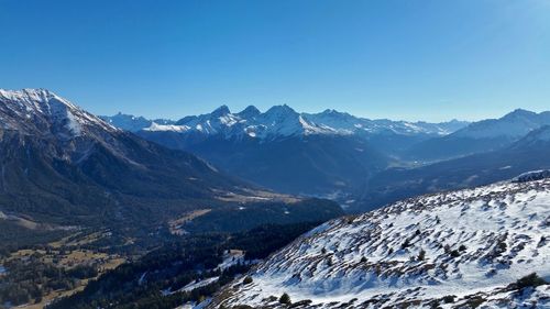 Scenic view of snowcapped mountains against blue sky