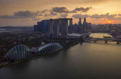 Scenic view of river by buildings against sky during sunset