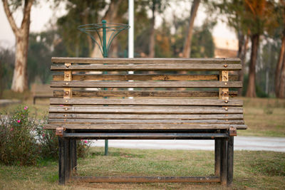 Wooden bench in a park on a sunny winter morning