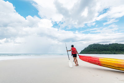 Rear view of man on beach against sky