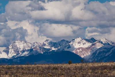 Scenic view of snowcapped mountains against sky