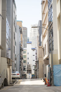 View of buildings in city against clear sky