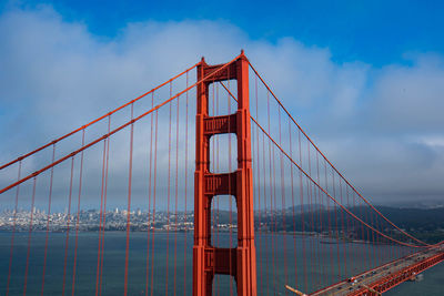 View of suspension bridge against cloudy sky