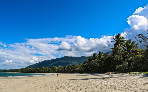 Scenic view of beach against blue sky