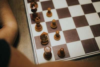 High angle view of chess pieces on table