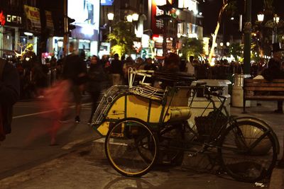 Bicycles on street in city at night