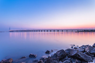 Scenic view of sea against clear sky at sunset