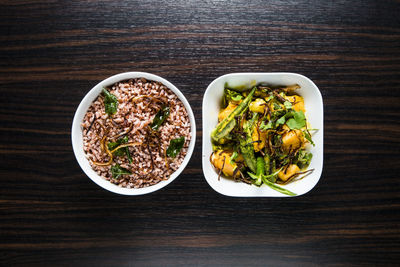 High angle view of salad in bowl on table