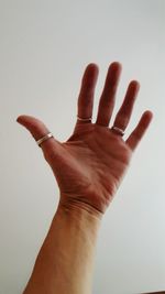 Close-up of human hand against white background