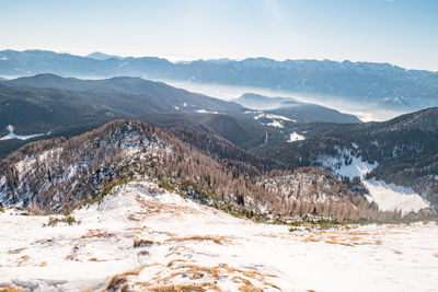 Scenic view of mountains against sky during winter