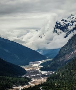 Scenic view of mountains against cloudy sky