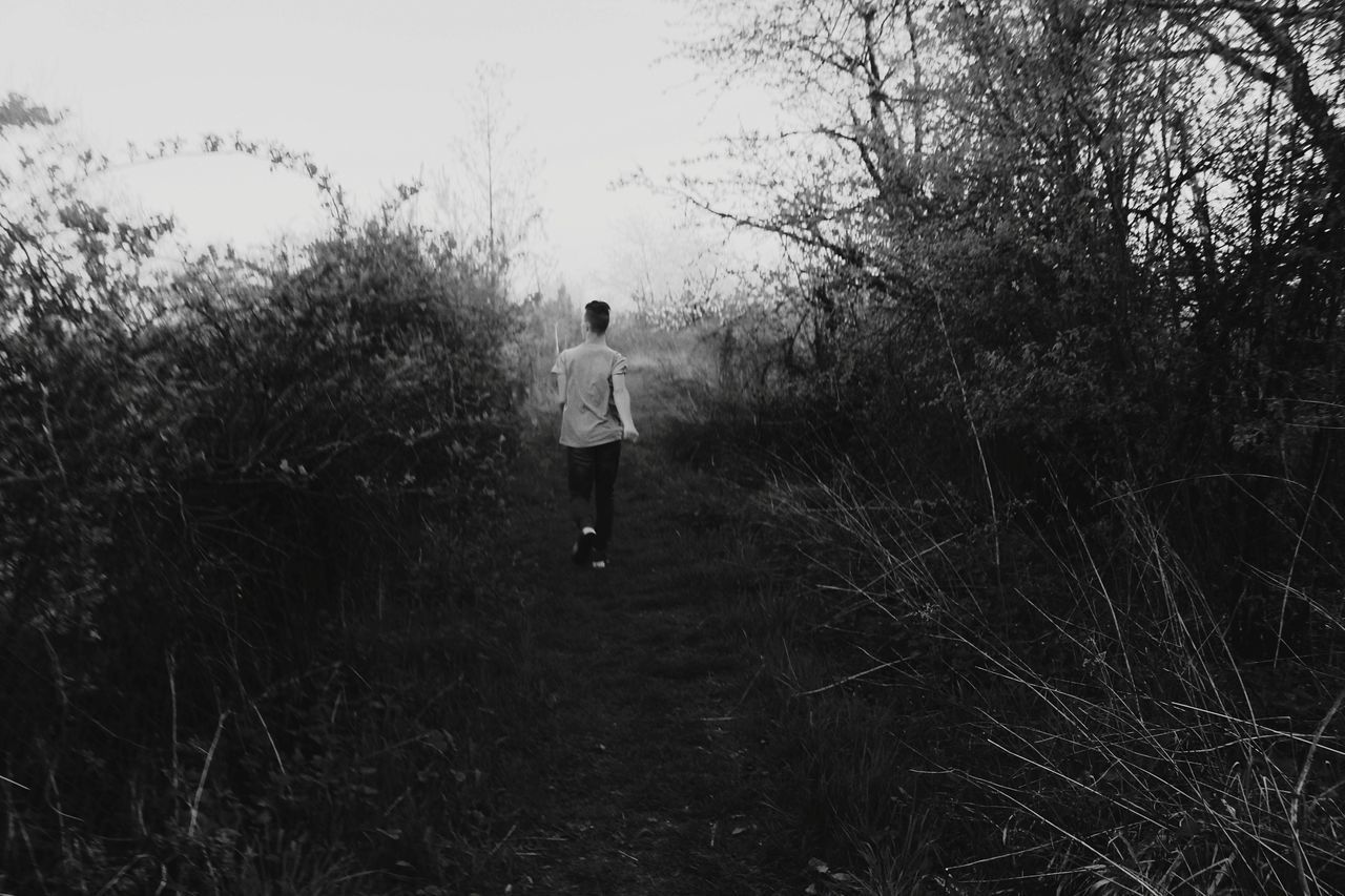 REAR VIEW OF MAN STANDING ON LAND