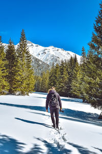Rear view of man walking on snowcapped land against sky