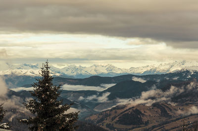 Scenic view of snowcapped mountains against sky